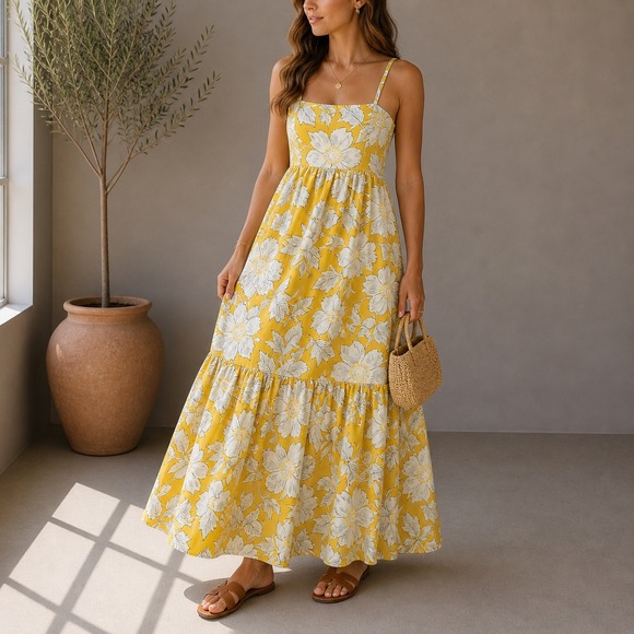 Zara Dresses & Skirts - Zara Yellow Floral Tiered Maxi Dress